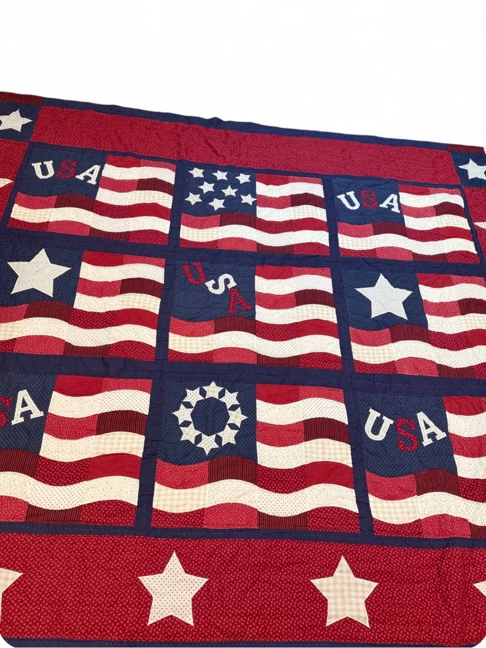 Handmade Patchwork American Flag Quilt 105x92 USA Red White Blue July 4th Throw